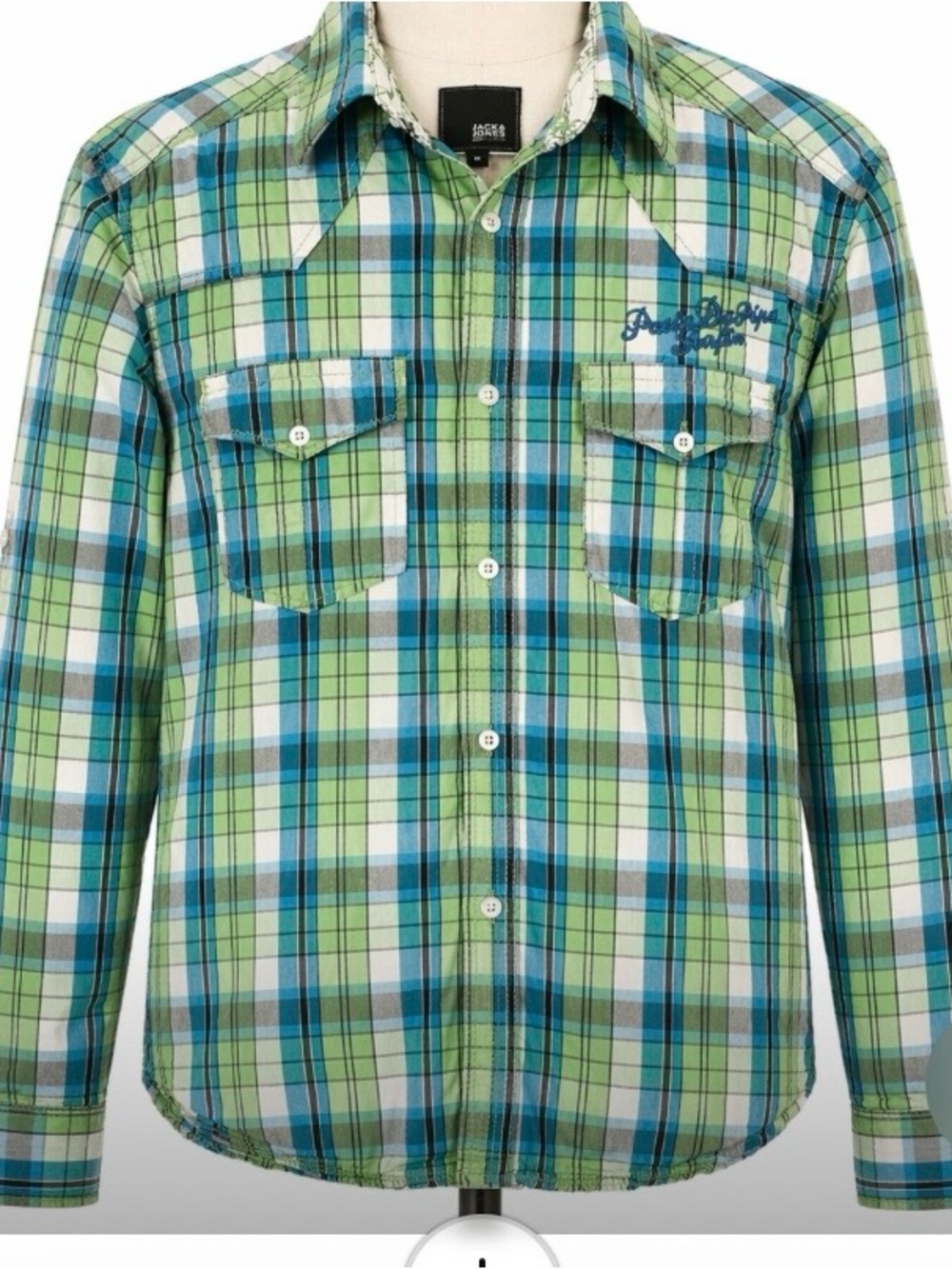 Jack & Jones Plaid Rockabilly Western Shirt Mens Medium Green Blue Retro Y2K Top
